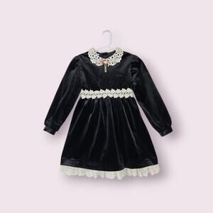 VTG Thomas Black Velvet Dress Girls sz 6 Crochet Lace Accents
